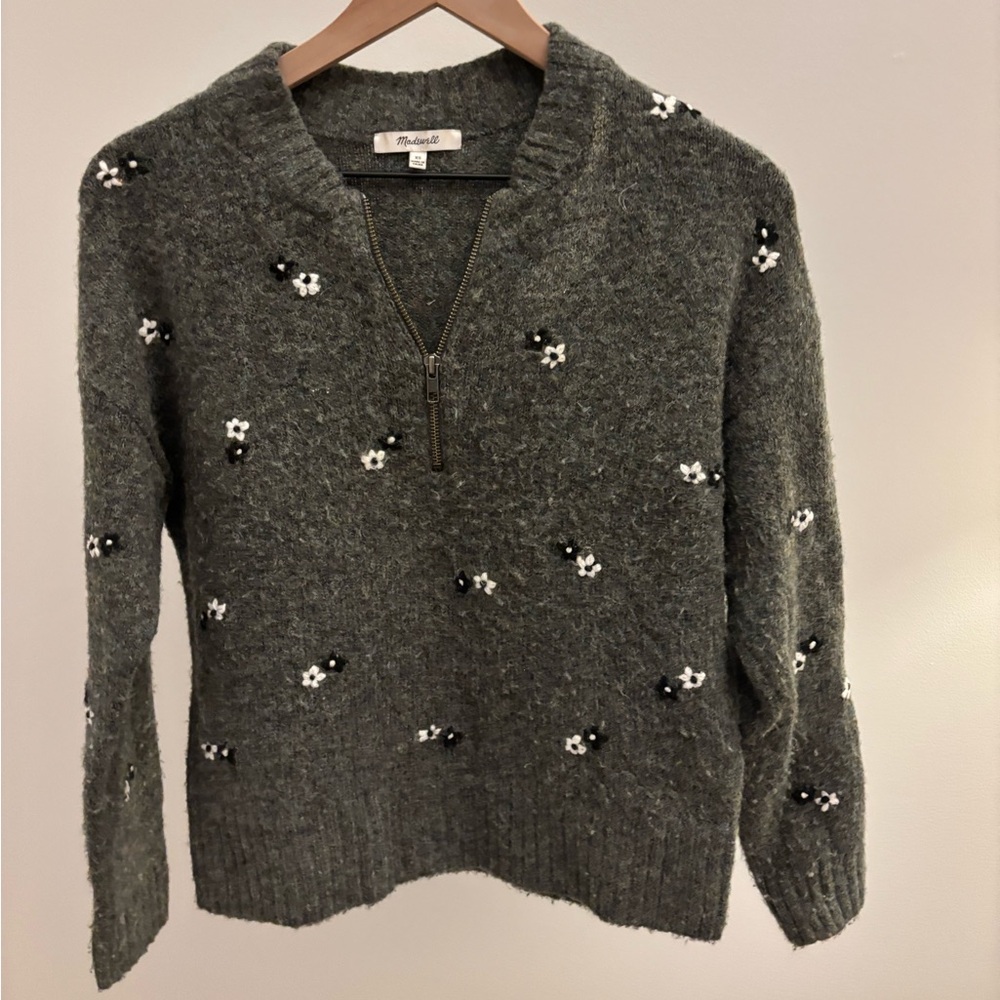 Madewell Gray Floral Enfield Half-Zip Women’s Sweater